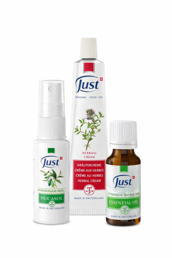 Produkty Just na bílém pozadí Just | Súprava Eucasol 30 ml, Tymianový krém 30 ml, Olej z 31 bylín 20 ml